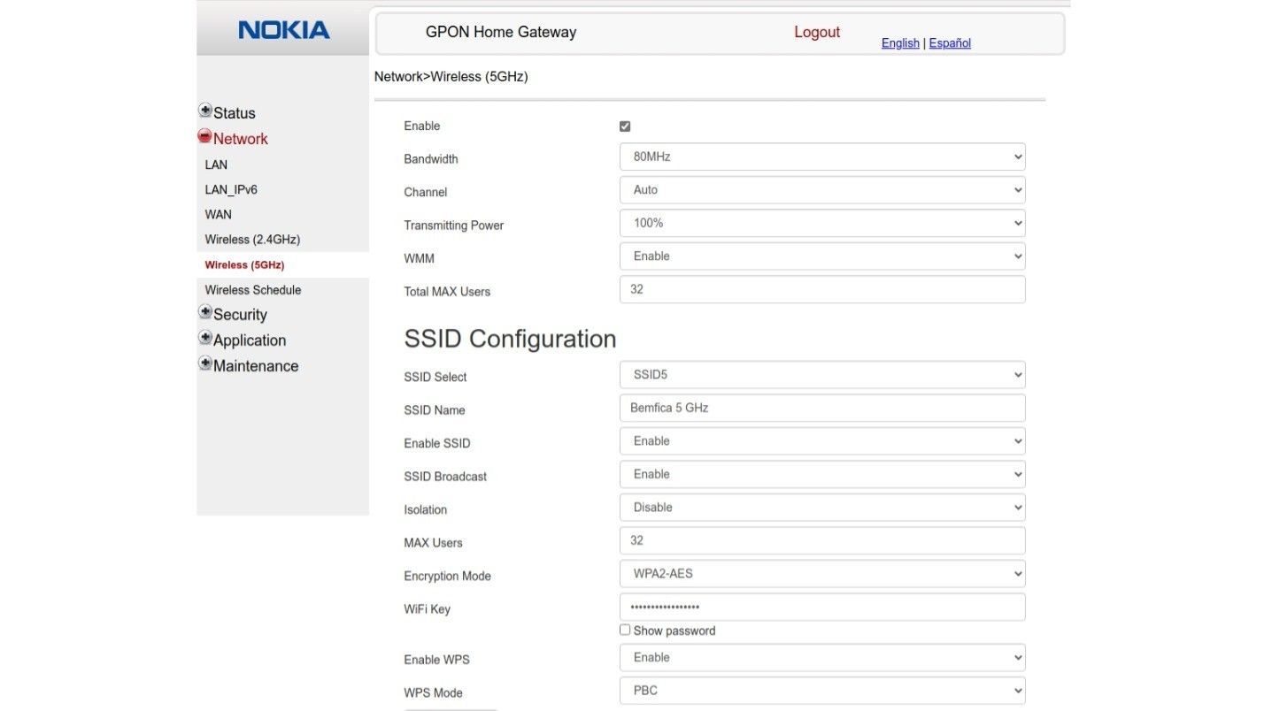 Nokia G-140W-H modem router combo home screen wireless 5ghz settings