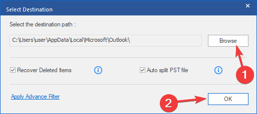Page Select Destination montrant Recover Deleted Items, Auto split PST file, Apply Advance Filter