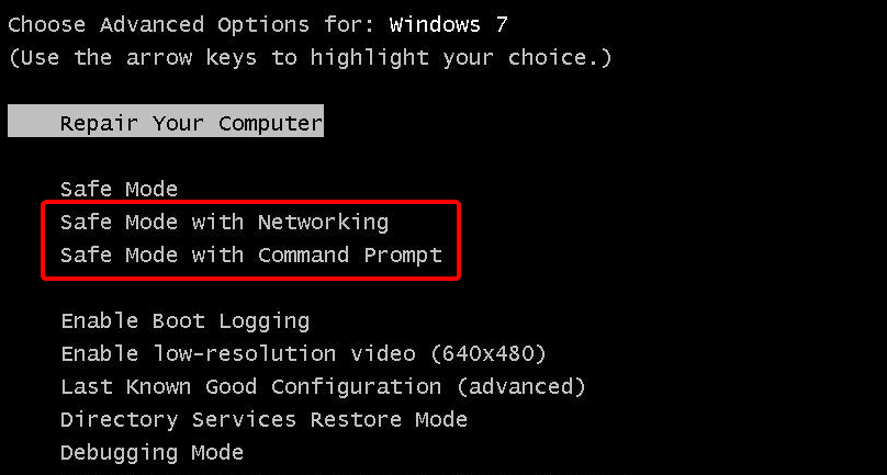 Изображение: пункт меню «Безопасный режим с поддержкой сети» в списке загрузки