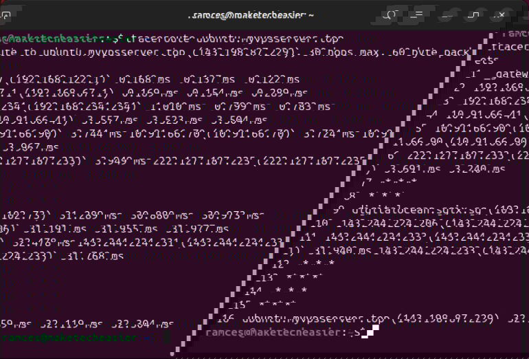 Терминал: traceroute до небольшого VPS