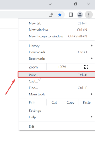 Меню печати в Chrome