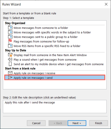 Опция Apply rule on messages I send