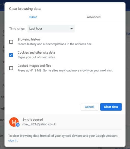 Окно очистки данных браузера в Chrome
