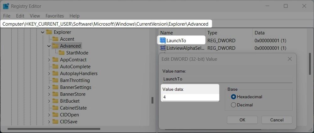 Установить значение LaunchTo в реестре