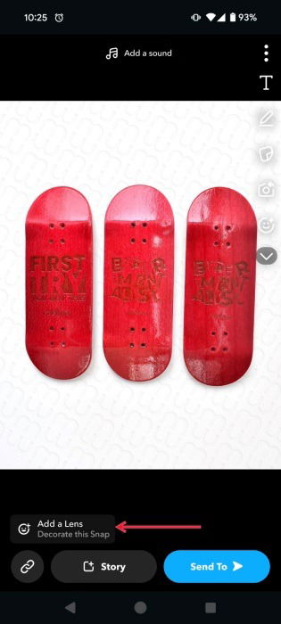 Выбор опции Добавить линзу на экране создания снапа