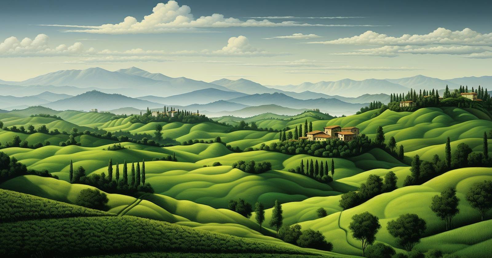 Oil painting of green rolling hills created with Midjourney