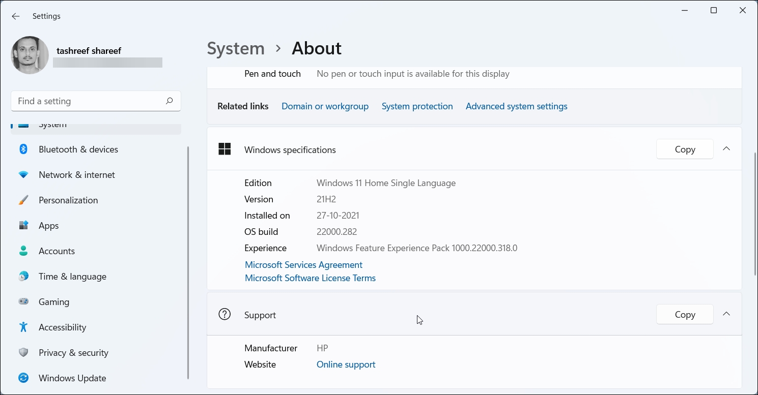 Проверка версии Windows 11 в параметрах