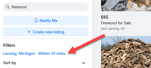 Фильтр радиуса поиска в Facebook Marketplace.