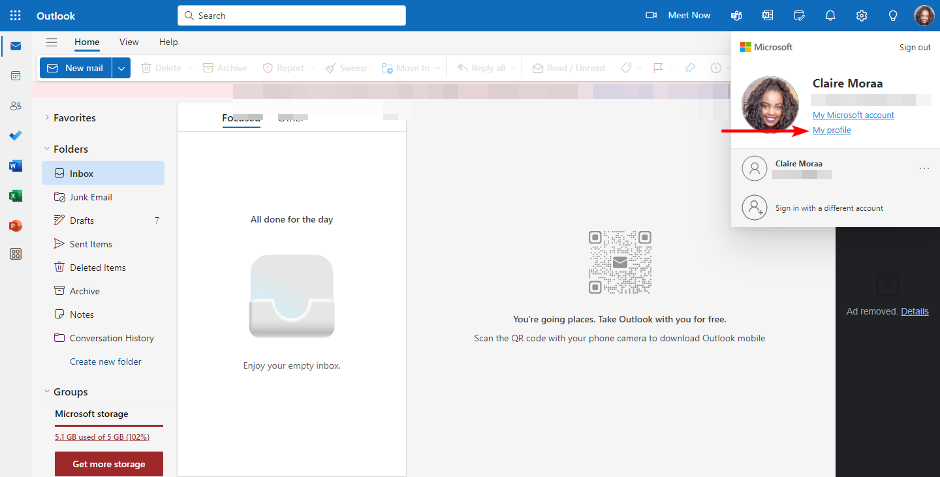 Профиль в Outlook, меню с пунктом 