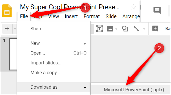 Меню Файл → Скачать в Google Презентациях с опцией Microsoft PowerPoint