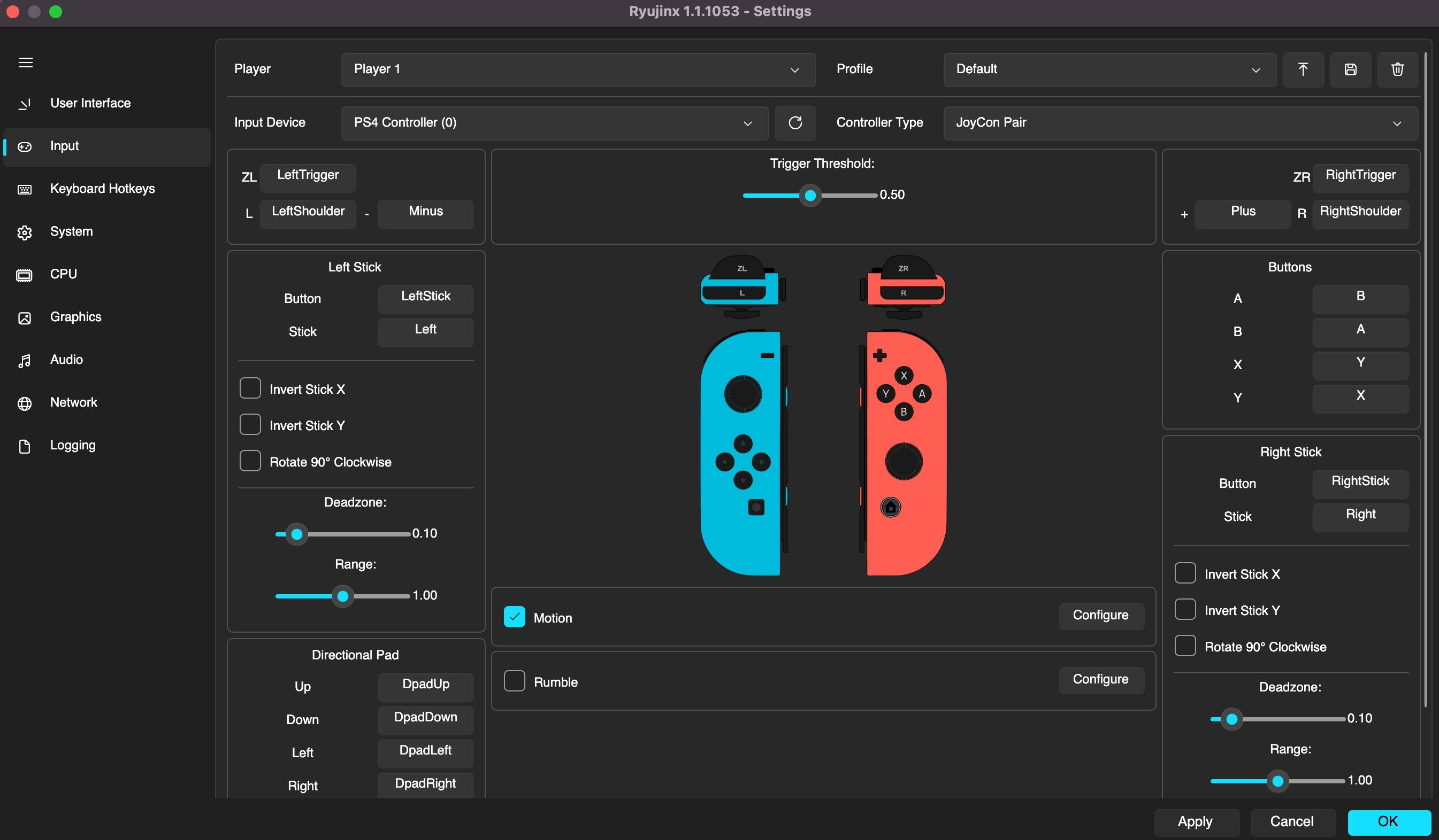 Ryujinx controller settings page