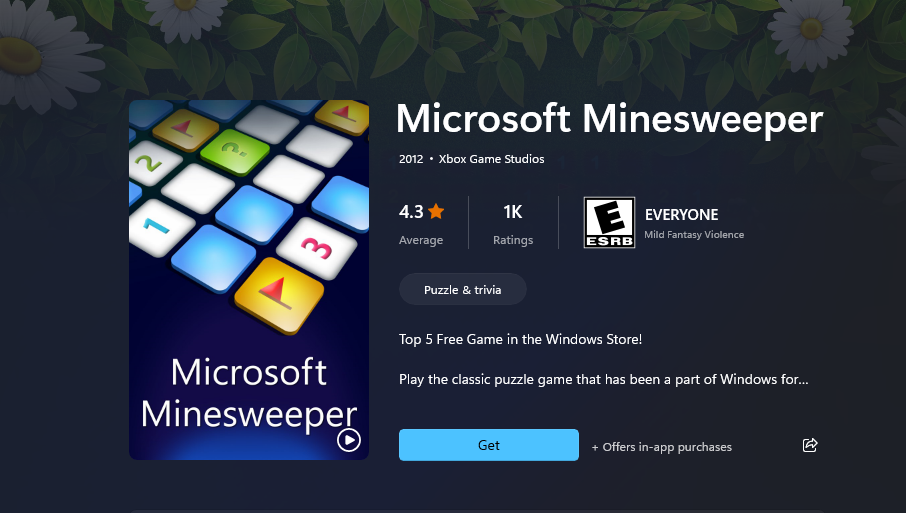 Страница Microsoft Minesweeper в Microsoft Store