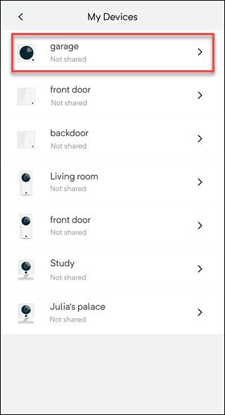 Wyze my devices optoins with box around garage device.