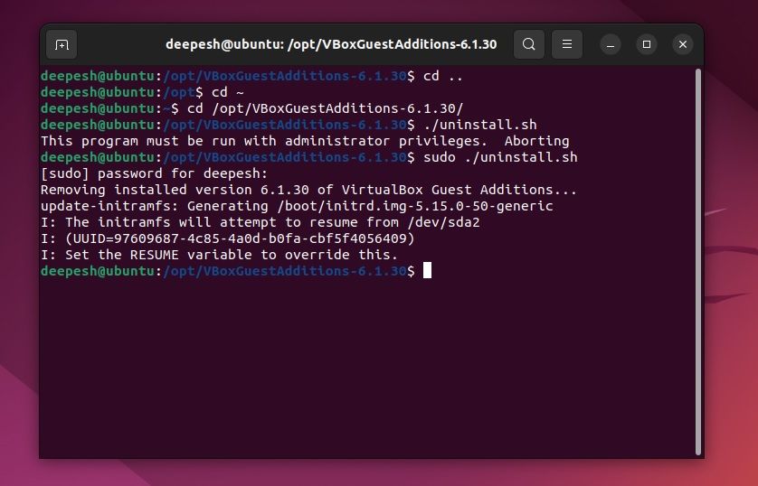 удаление Guest Additions в Ubuntu: окно удаления