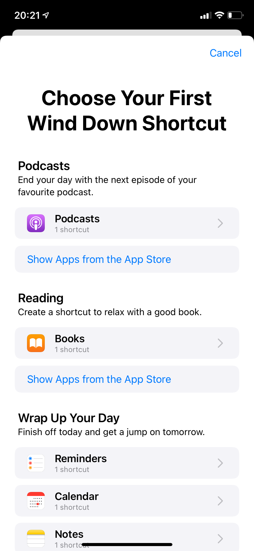 добавить ярлыки отхода ко сну