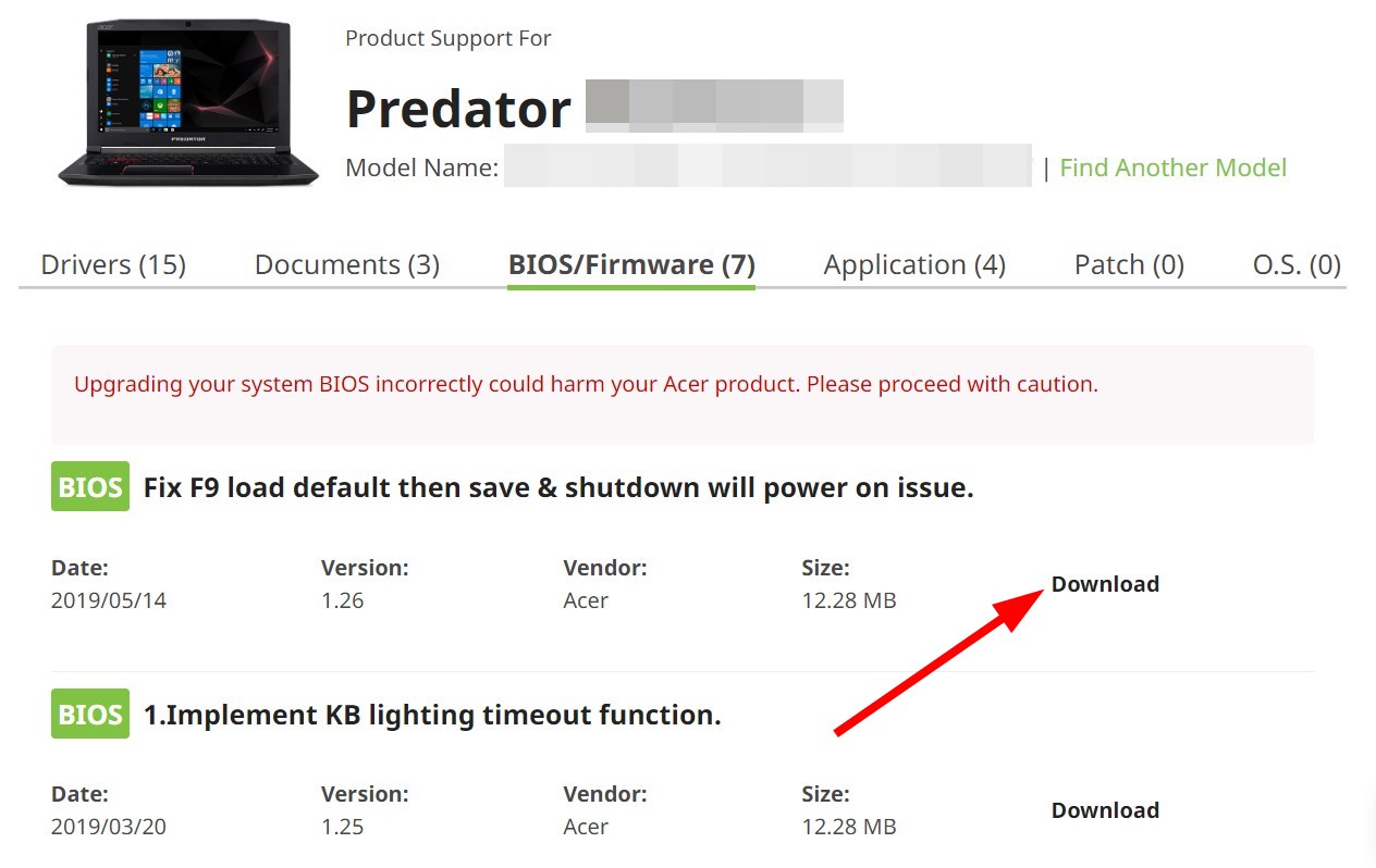 Страница загрузки BIOS на сайте производителя