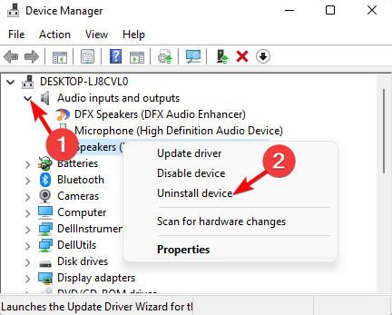 Удаление аудиоустройства в диспетчере устройств