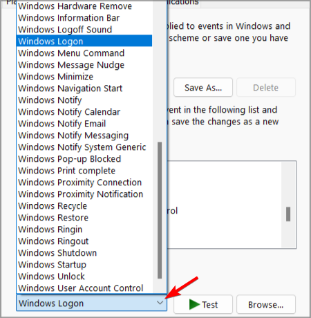 Выбор звука в списке Sounds