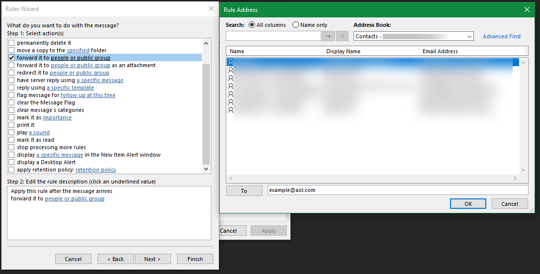 Окно правил Outlook для ввода адреса пересылки