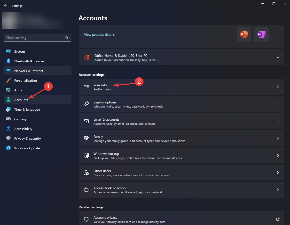 Страница учётной записи в Параметры