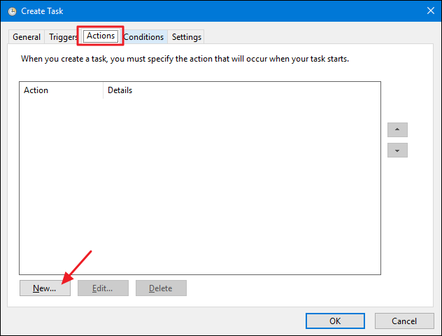 Actions — запуск программы shutdown