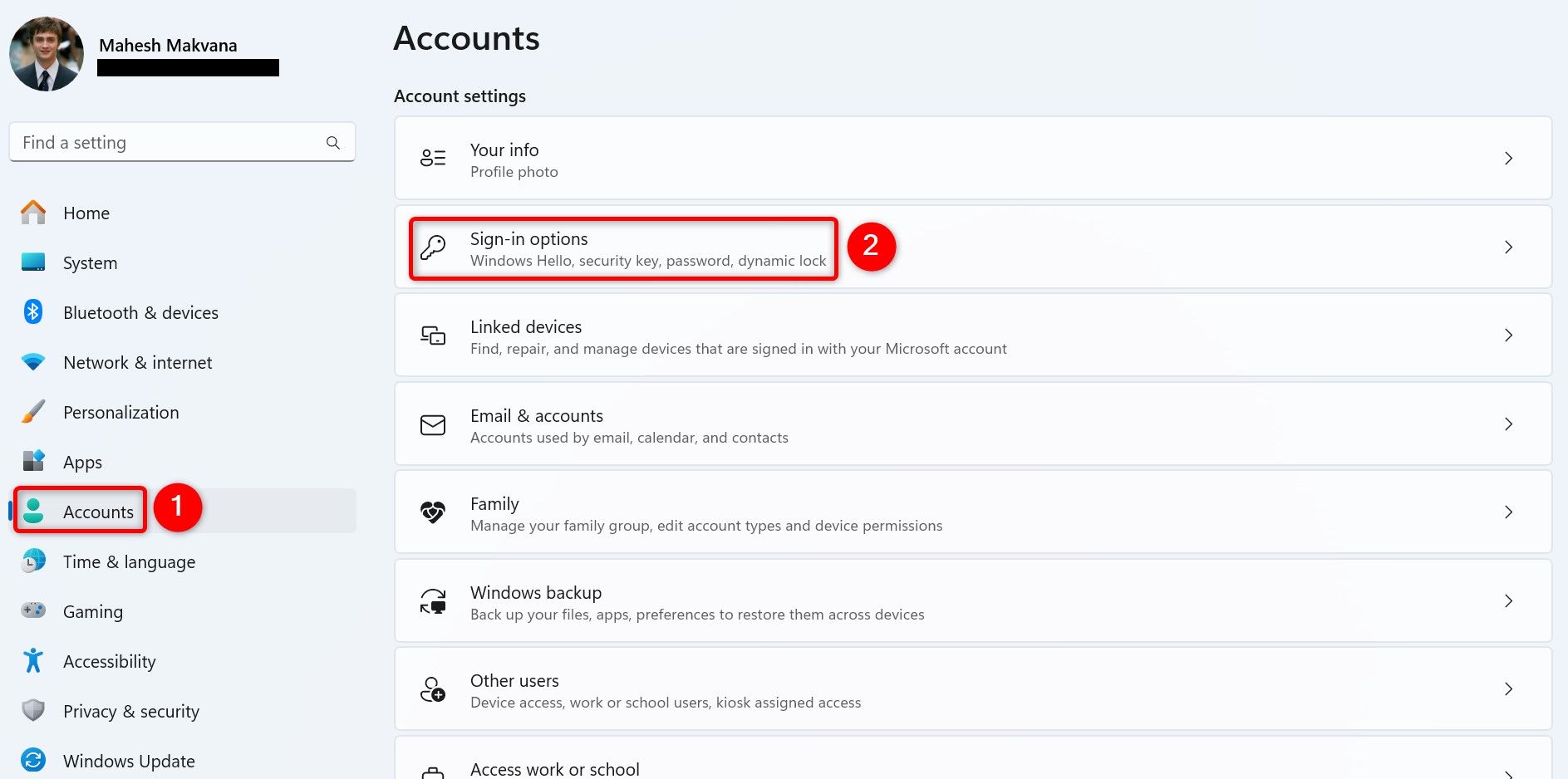 Окно Настройки — Учетные записи — Параметры входа в Windows 11
