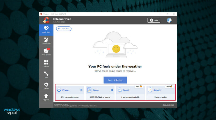Отчёт Health Check с опциями ускорения и обновления