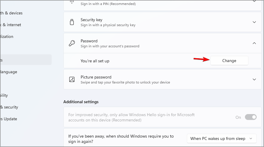 Sezione password nelle Opzioni di accesso