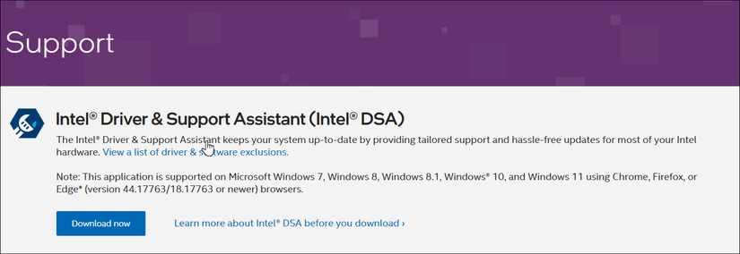 Страница загрузки Intel Driver & Support Assistant