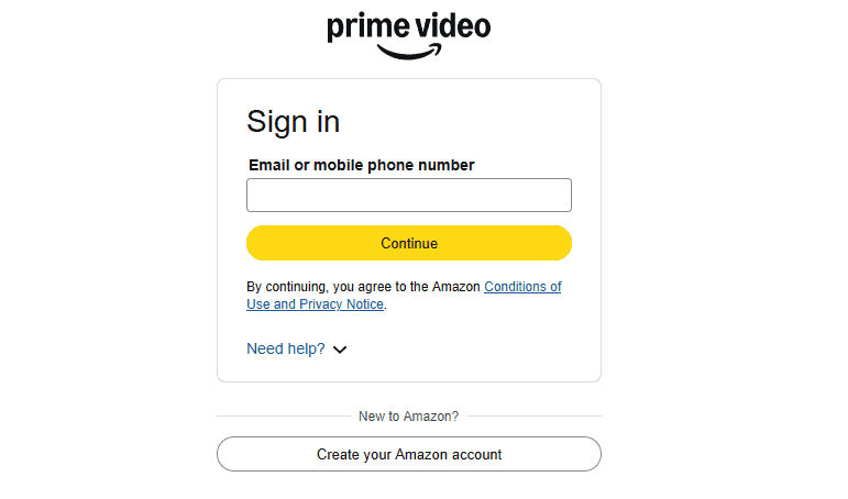 Page de connexion Prime Video dans le navigateur