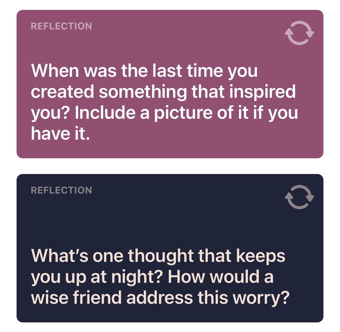 Экран iPhone с предложениями вопросов для записи в Дневнике.