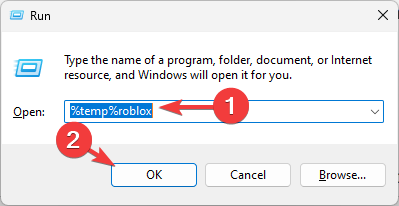 Окно Выполнить с вводом %temp%roblox