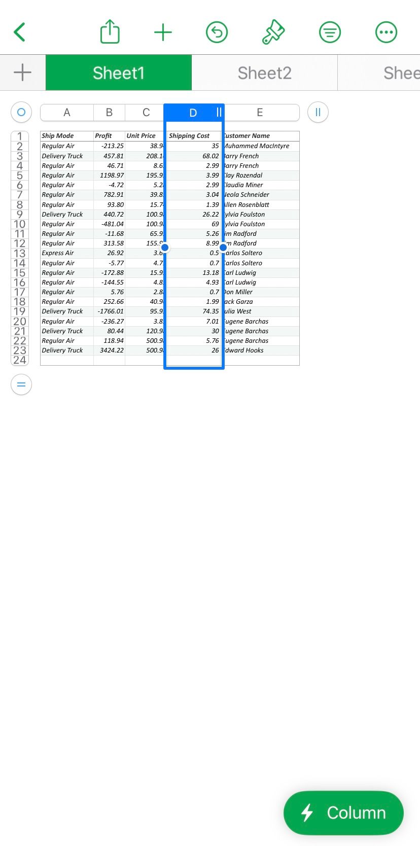 Кнопка действий для выбранного столбца в Numbers на iPad