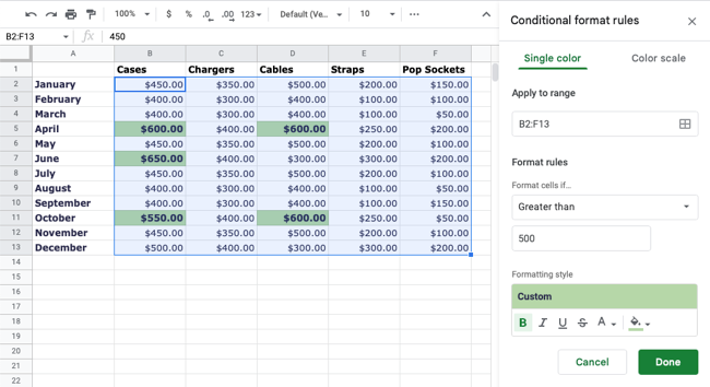 Предпросмотр правила на листе