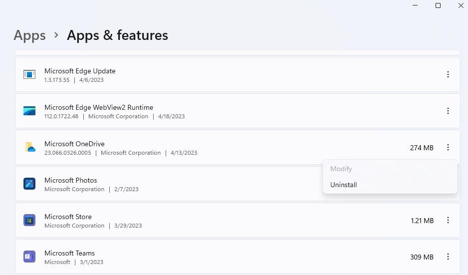 Опция Удалить приложение OneDrive в системных настройках