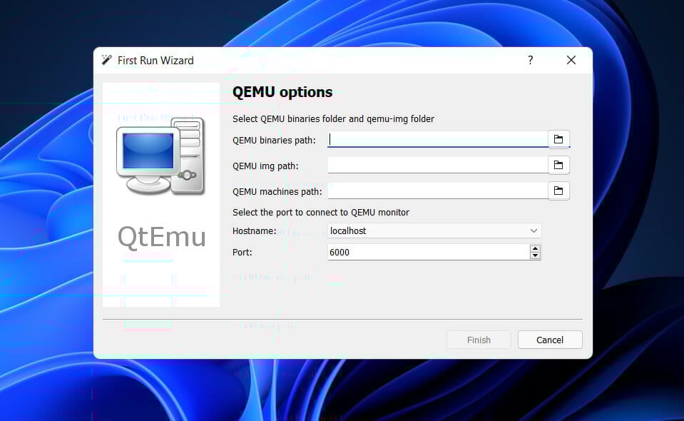QTEmu — главное окно установки интерфейса QEMU