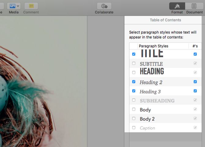 Выбор стилей абзацев для оглавления в Pages в панели Формат