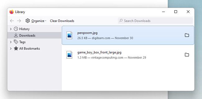 Список загрузок в библиотеке Firefox