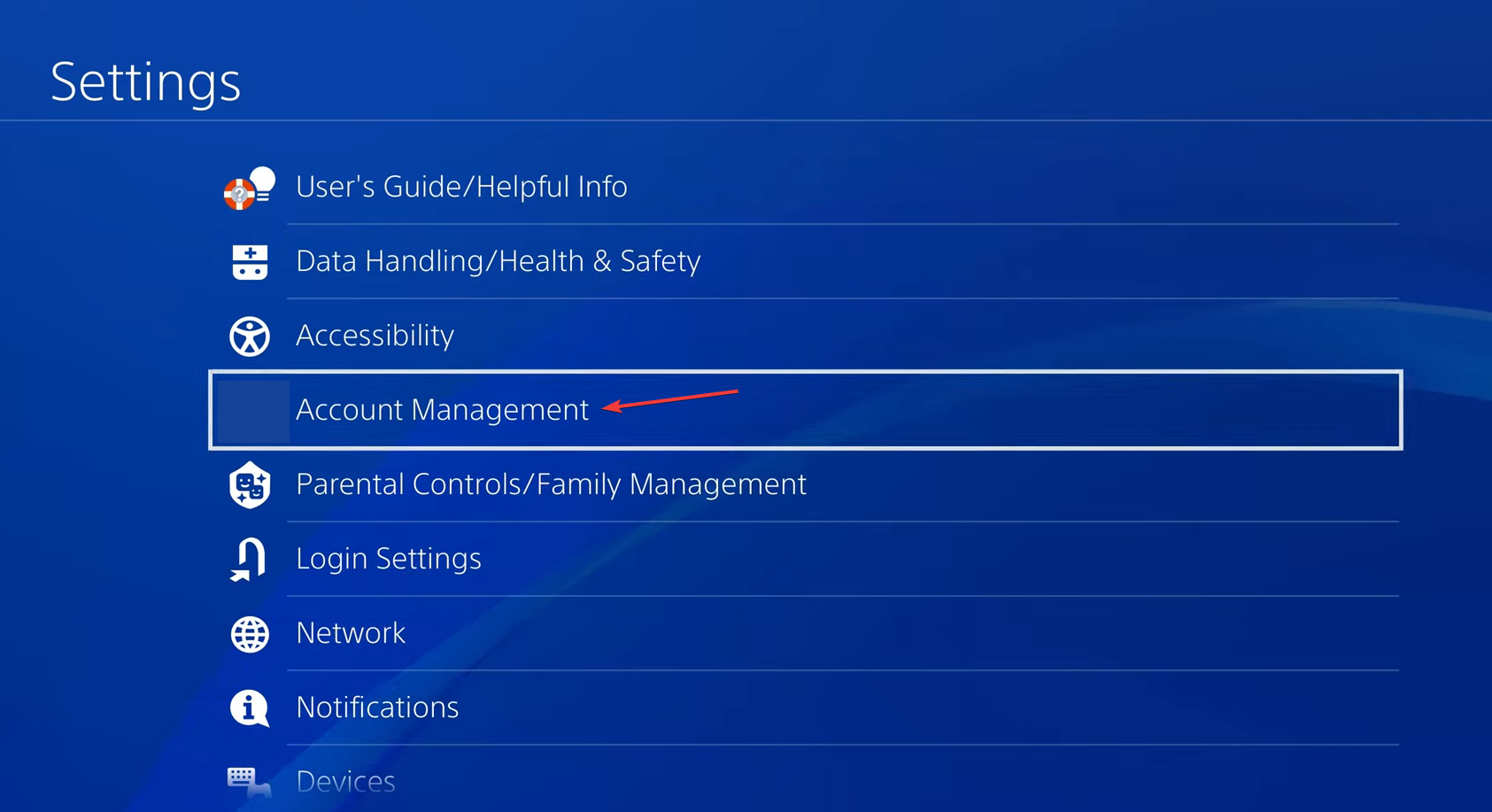 Меню Настройки → Управление учётной записью на PS4