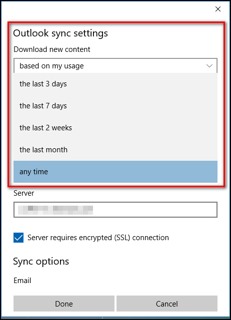 Выбор периода синхронизации писем в Windows 10 Mail