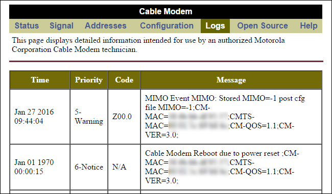 Журнал событий модема с отметками времени и сообщениями