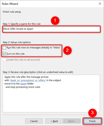 Ввод названия правила и параметры включения на экране завершения.