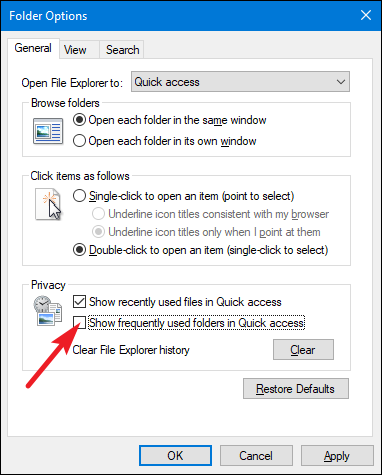 Окно параметров папок: опция Показывать часто используемые папки в Быстром доступе отключена