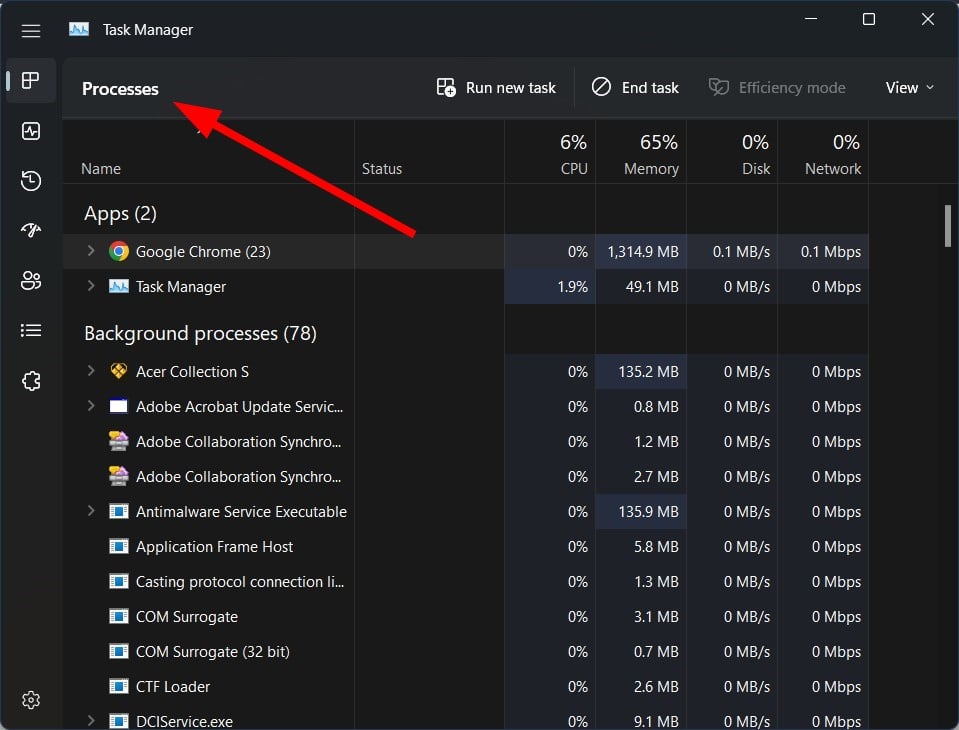 Вкладка «Процессы» в Диспетчере задач