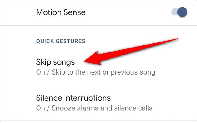 Экран выбора опции пропуска треков в Motion Sense