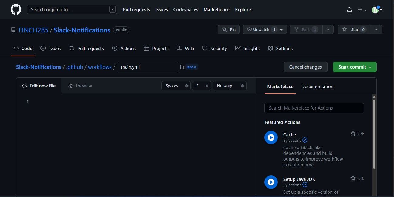 Страница создания YAML файла на GitHub