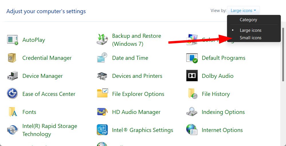 Menu Afficher par dans le Panneau de configuration