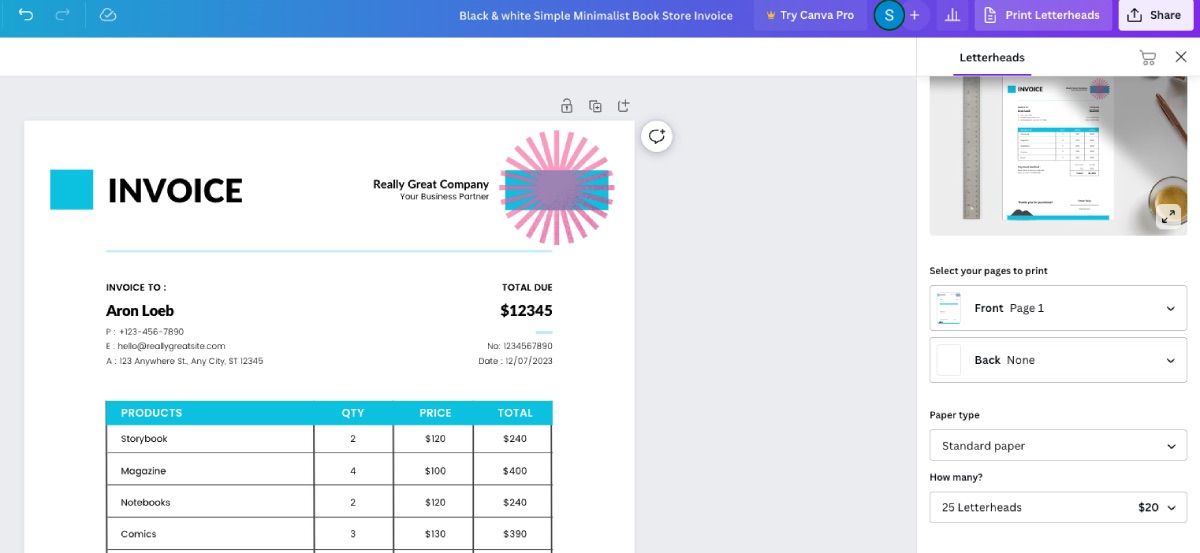 Заказ печати счётов через сервисы Canva