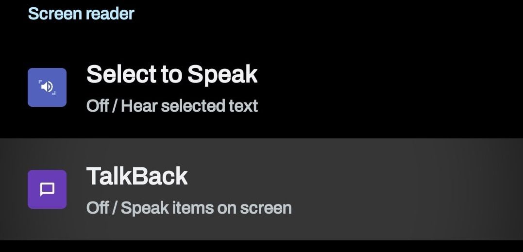 Параметр экранного диктора TalkBack в списке