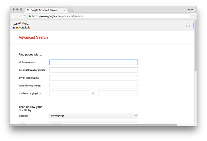Скриншот страницы расширенного поиска Google с полями фильтров